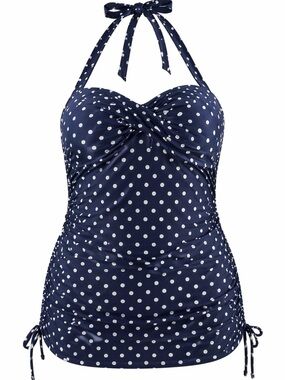 Navy Polka Dot Skirted One Piece Swimsuit Size 12 Tummy Control Built In Bra